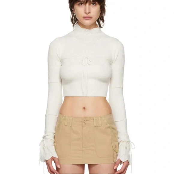 Danielle Guizio Ivory Cashmere Wool Pointelle Knit Tie Front Crop Sweater Small - Picture 4 of 13